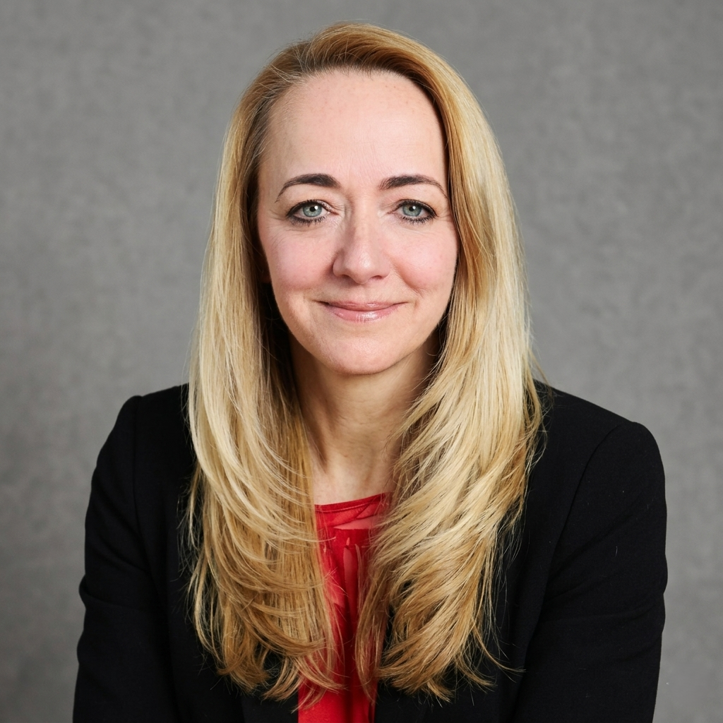 Smiling woman with long blonde hair wearing a black blazer and red top on gray background.