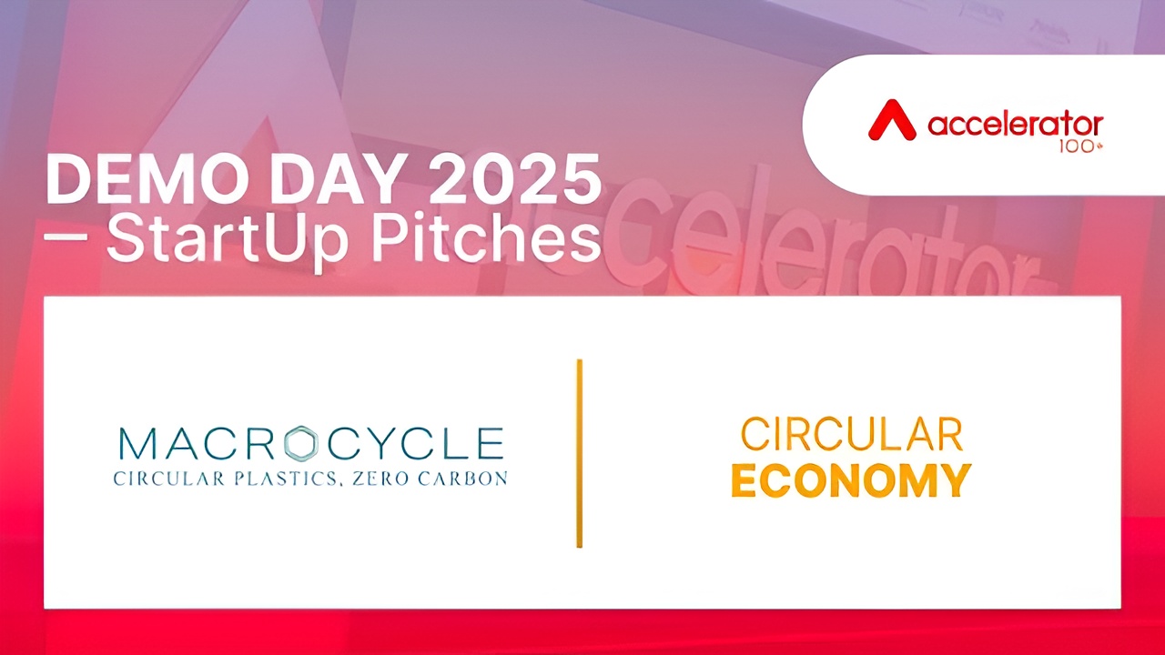 Demo Day 2025 startup pitches with Macrocycle and Circular Economy logos on a red gradient background.