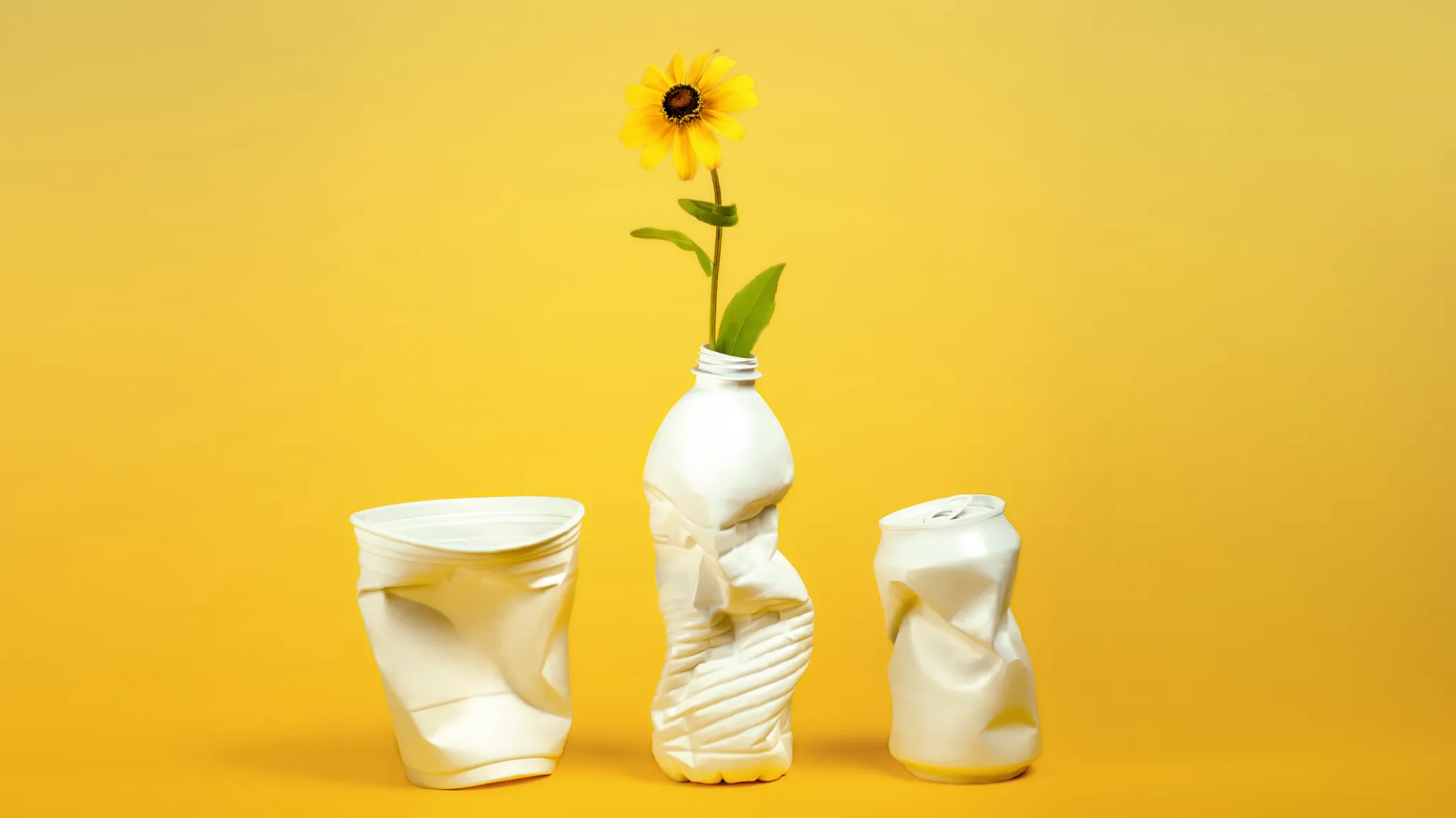 Crumpled white plastic cup, bottle with sunflower, and aluminum can against a yellow background.