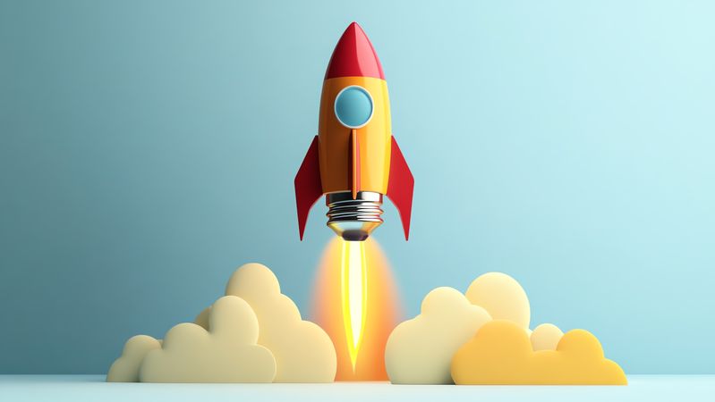 Cartoon rocket with red fins and yellow body launching with flames and smoke on a blue background.
