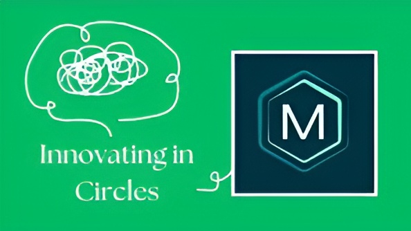 White scribbled circles connected by a line to a hexagon with M on dark background and text 'Innovating in Circles'.