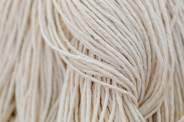Close-up of cream-colored yarn strands neatly arranged in a soft, twisted bundle.