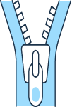 Partially opened zipper with blue tape and silver slider viewed from the front.
