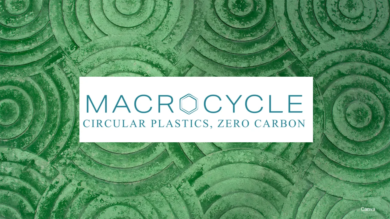 MacroCycle logo with tagline Circular Plastics, Zero Carbon on green textured circular pattern.