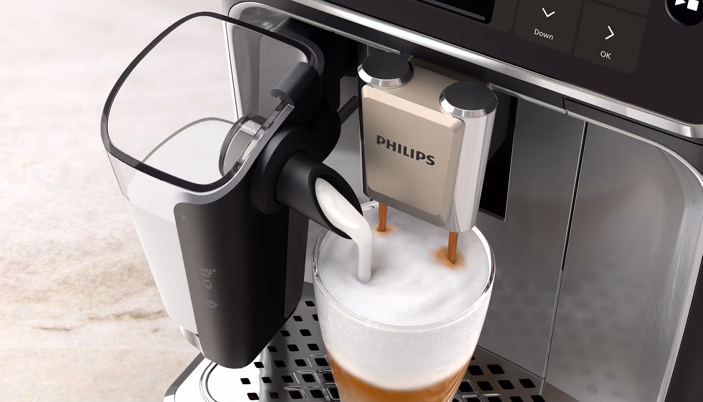 Philips coffee machine frothing milk and dispensing espresso into a clear glass cup.