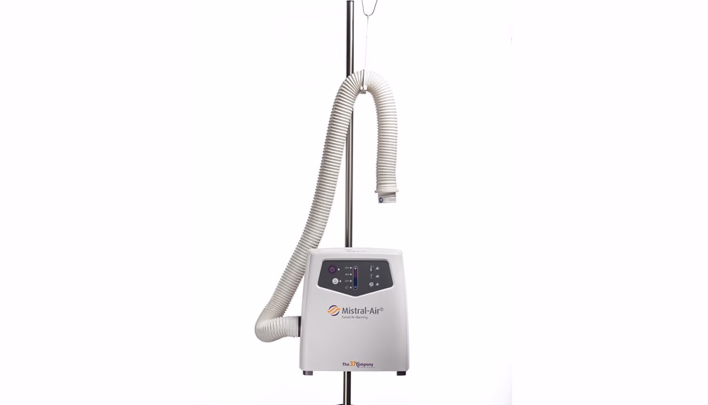 Mistral-Air medical air warming device with flexible hose mounted on metal pole.