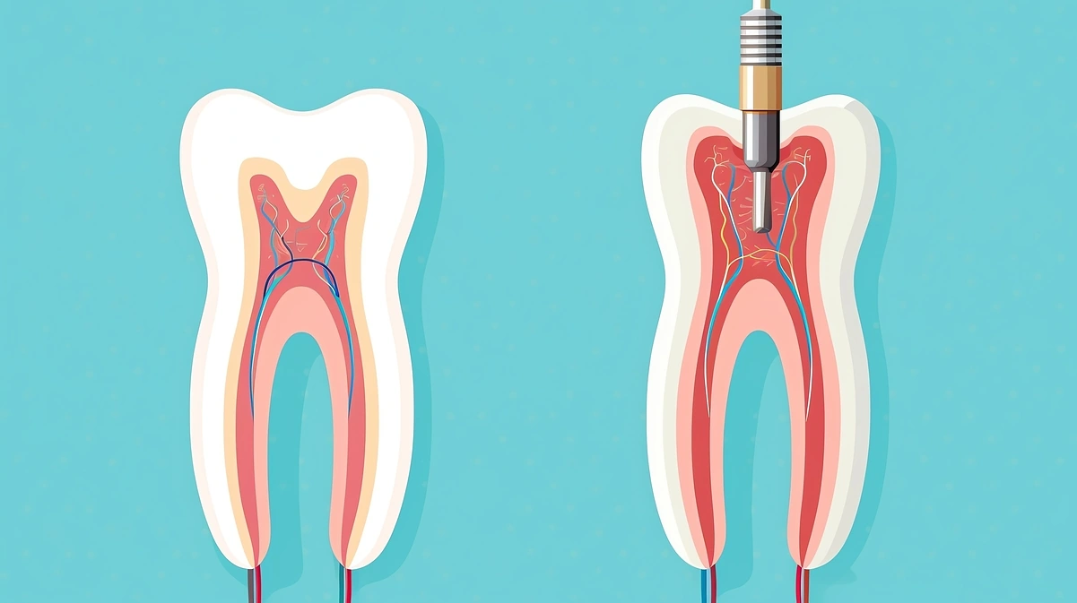 Illustration comparing a healthy tooth with one being cleaned out during a root canal