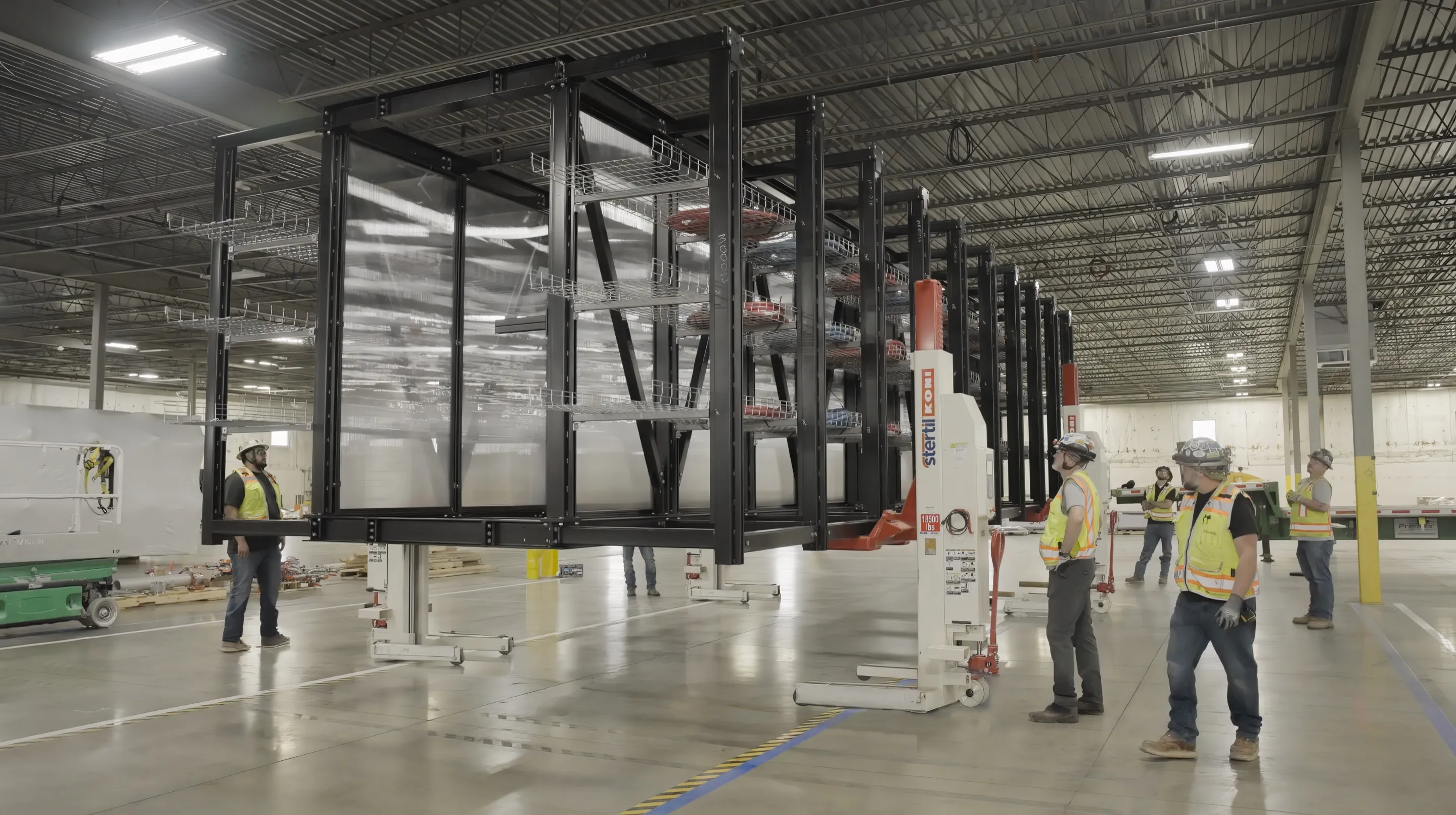 Crews installing a factory-built modular infrastructure platform inside an Accelevation manufacturing facility