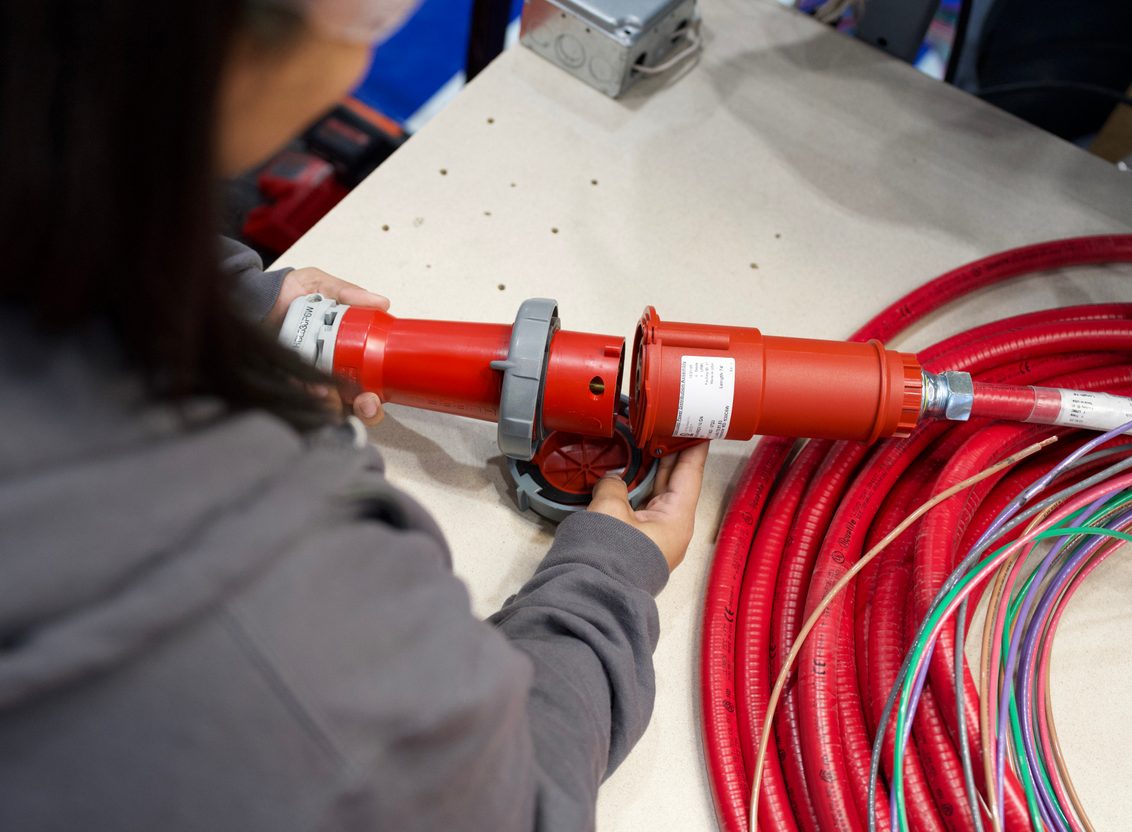 Technician assembling a red power connector beside coiled conduit