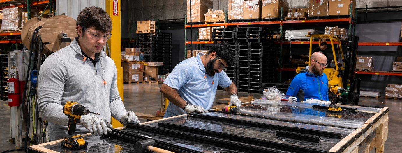 Accelevation engineers working on a steel assembly bench