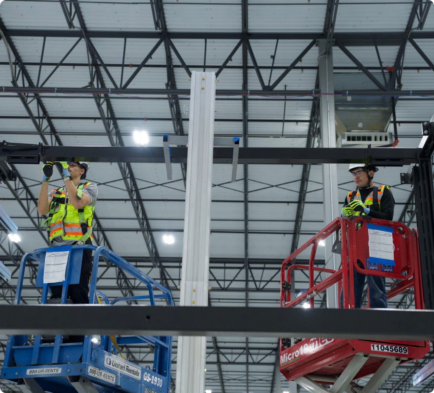Steel structure under construction in a fabrication hall