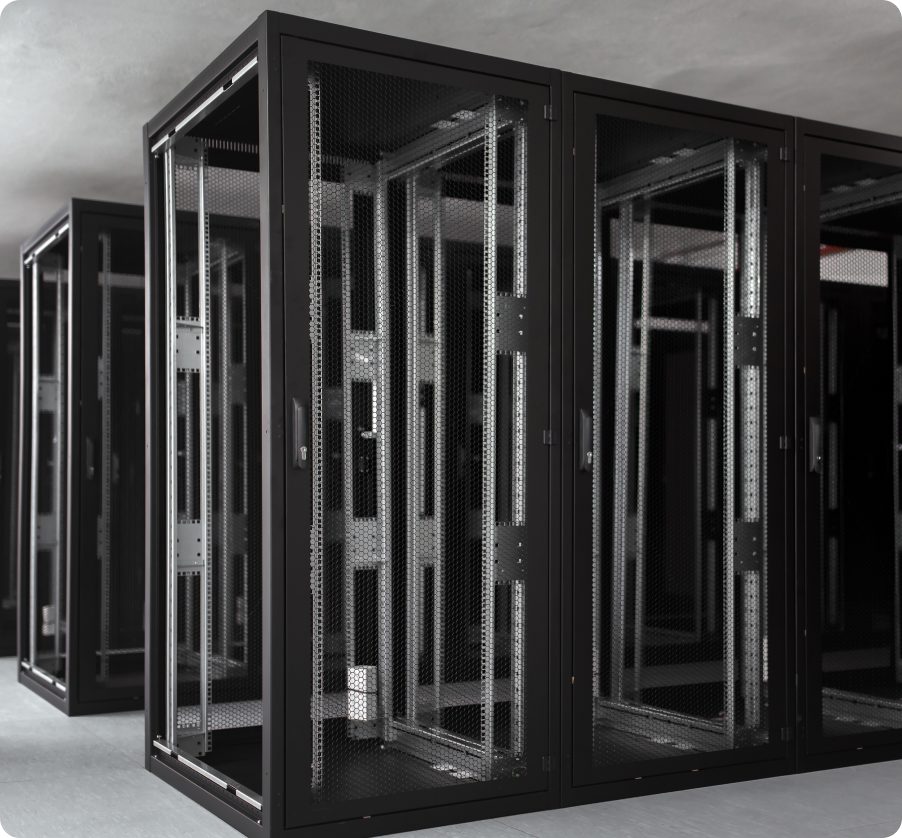 Rows of integrated server racks staged for deployment.