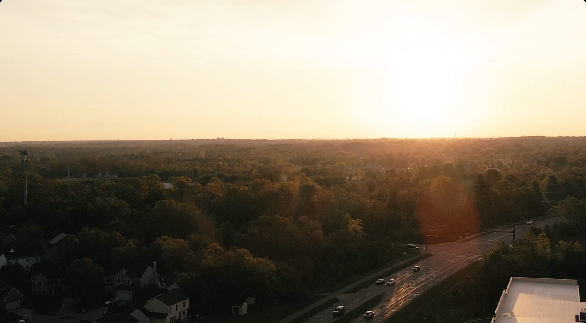 Aerial view of a tree-lined town at sunset