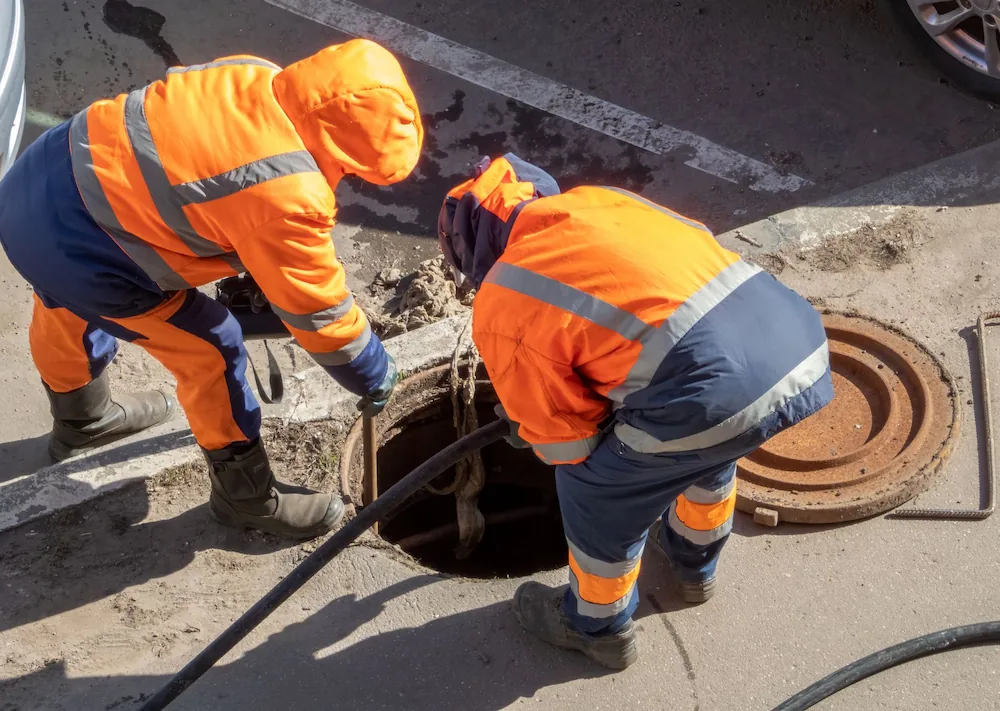 Two workers in orange safety gear working at an open manhole on a street.