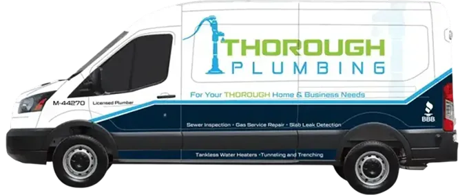 White plumbing service van with blue design and text reading Thorough Plumbing and services offered.
