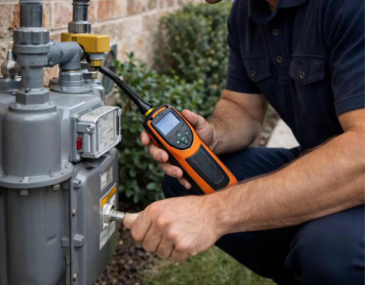 Technician using an orange gas leak detector on a gas meter outside a brick building.