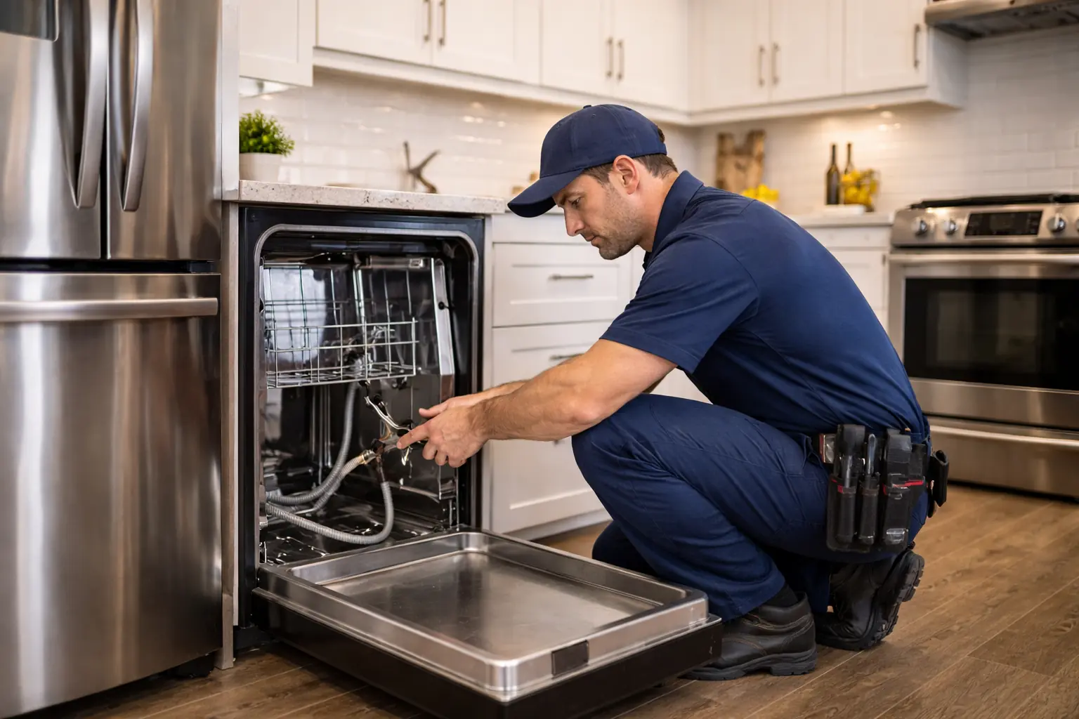 Technician in navy uniform repairing dishwasher inside a modern kitchen.