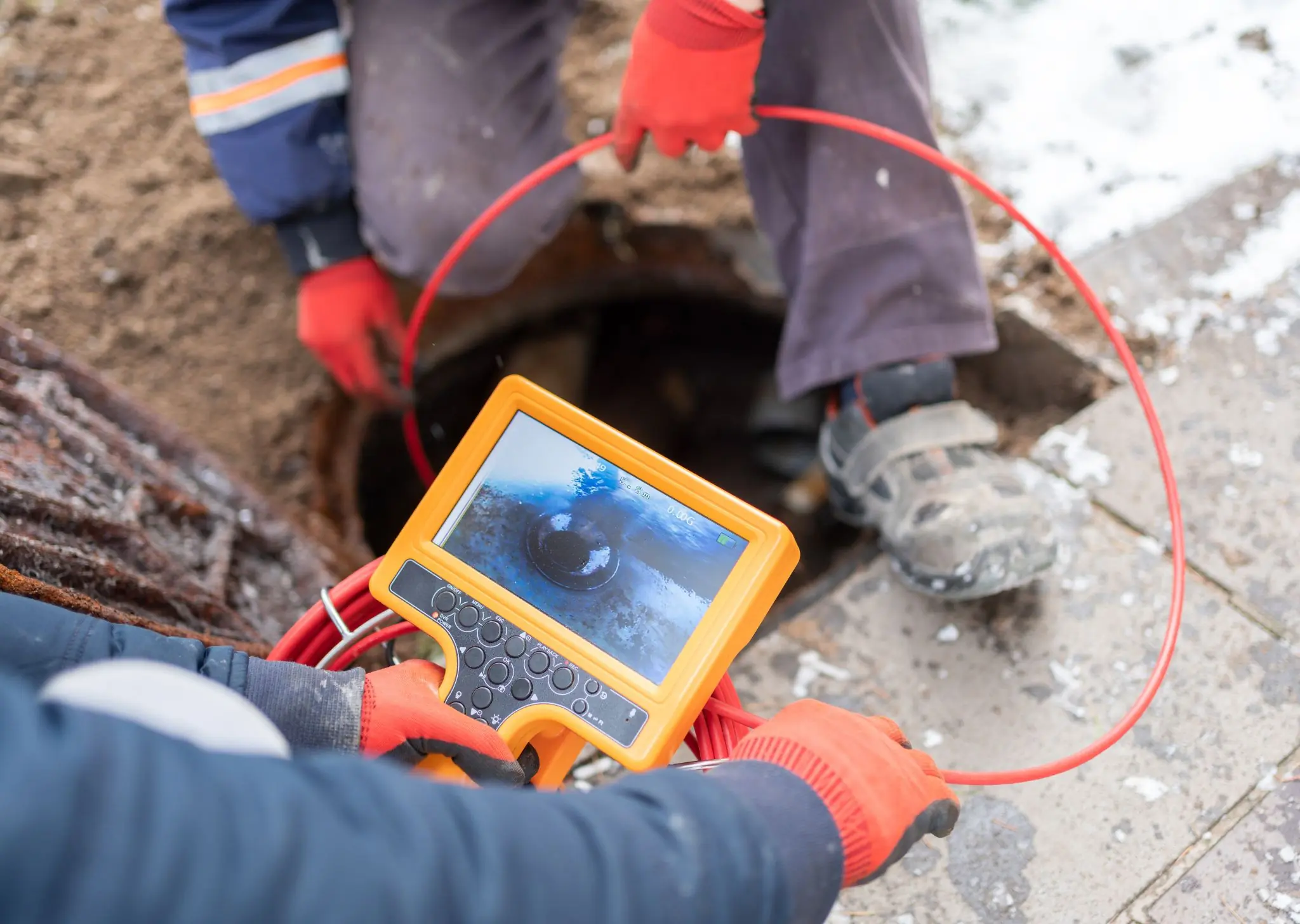 Technicians using a plumbing video camera to inspect a pipe through an open manhole outdoors.