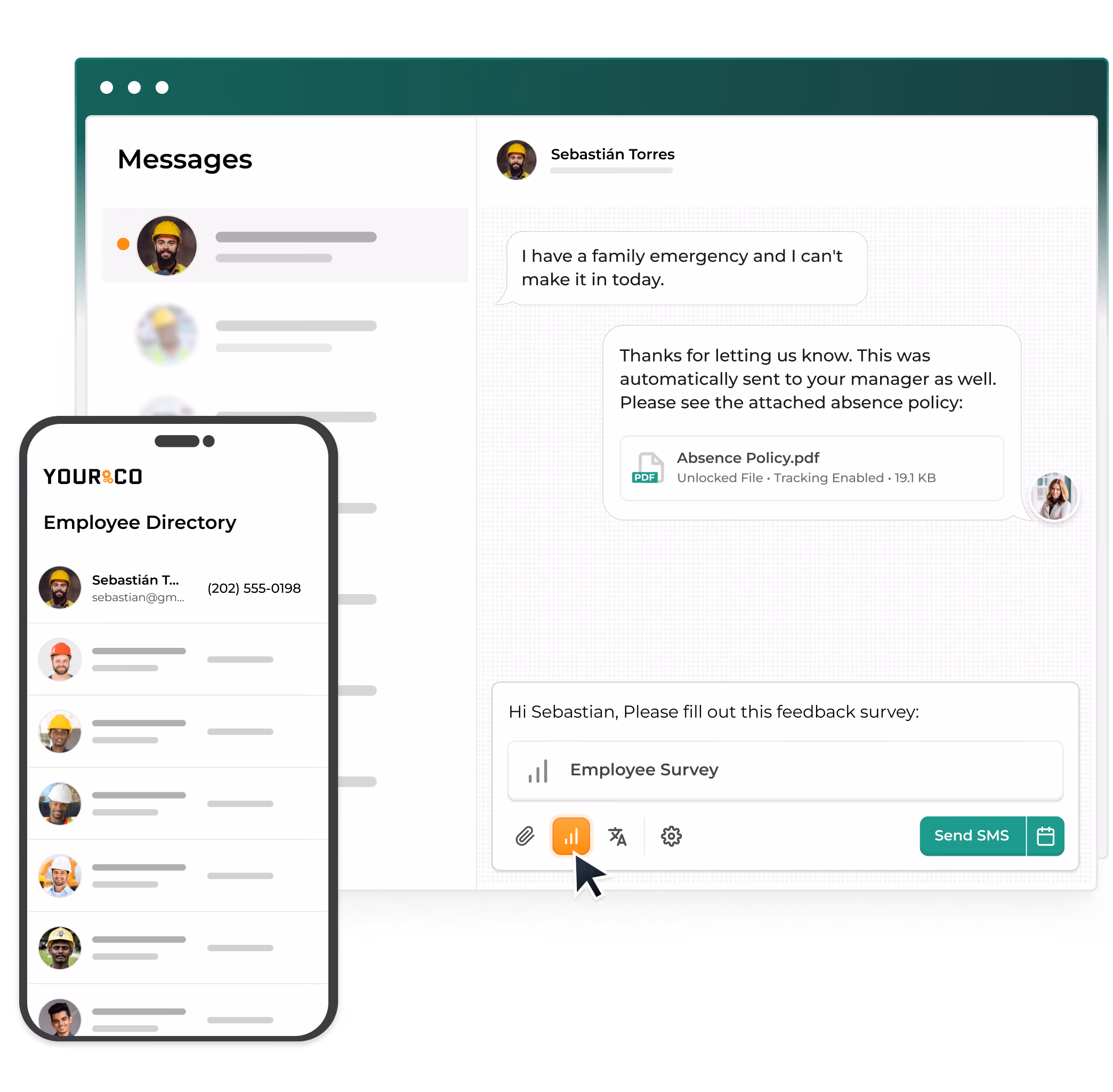 Yourco messaging dashboard and employee directory on desktop and mobile.