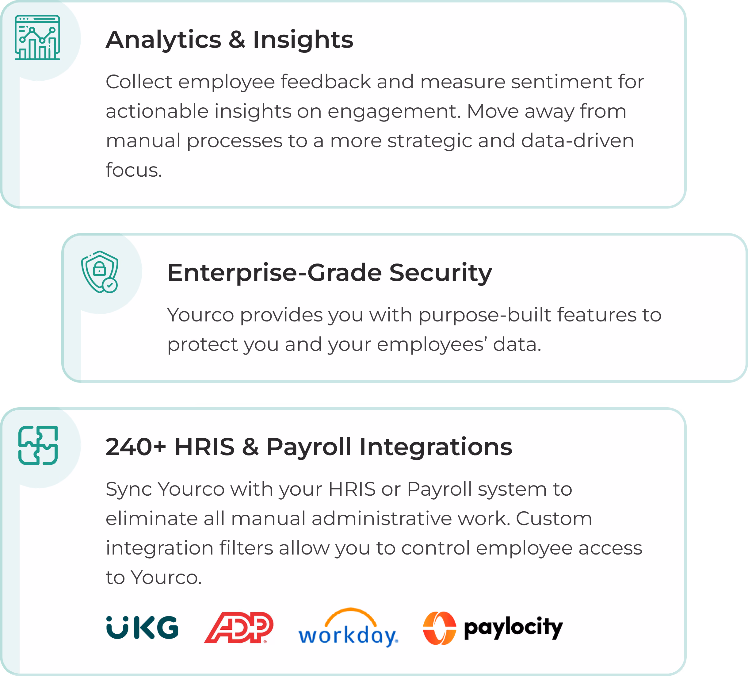 Yourco combines analytics, enterprise security and HRIS/payroll integrations.