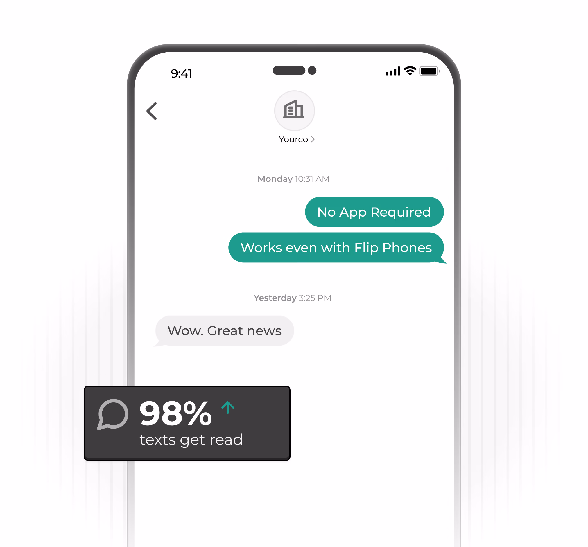 Yourco text conversation on a phone, highlighting no app requirement and flip-phone support.