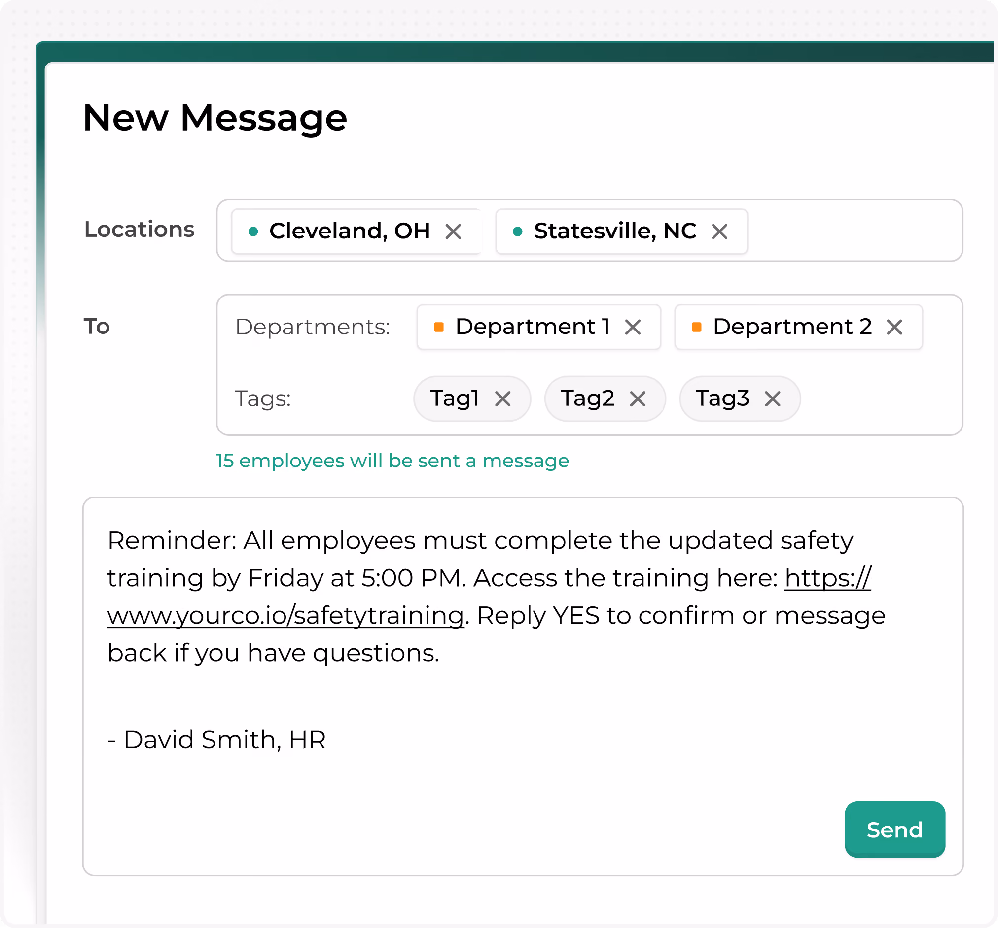 Yourco message composer with location, department, and tag filters for sending a safety-training reminder.