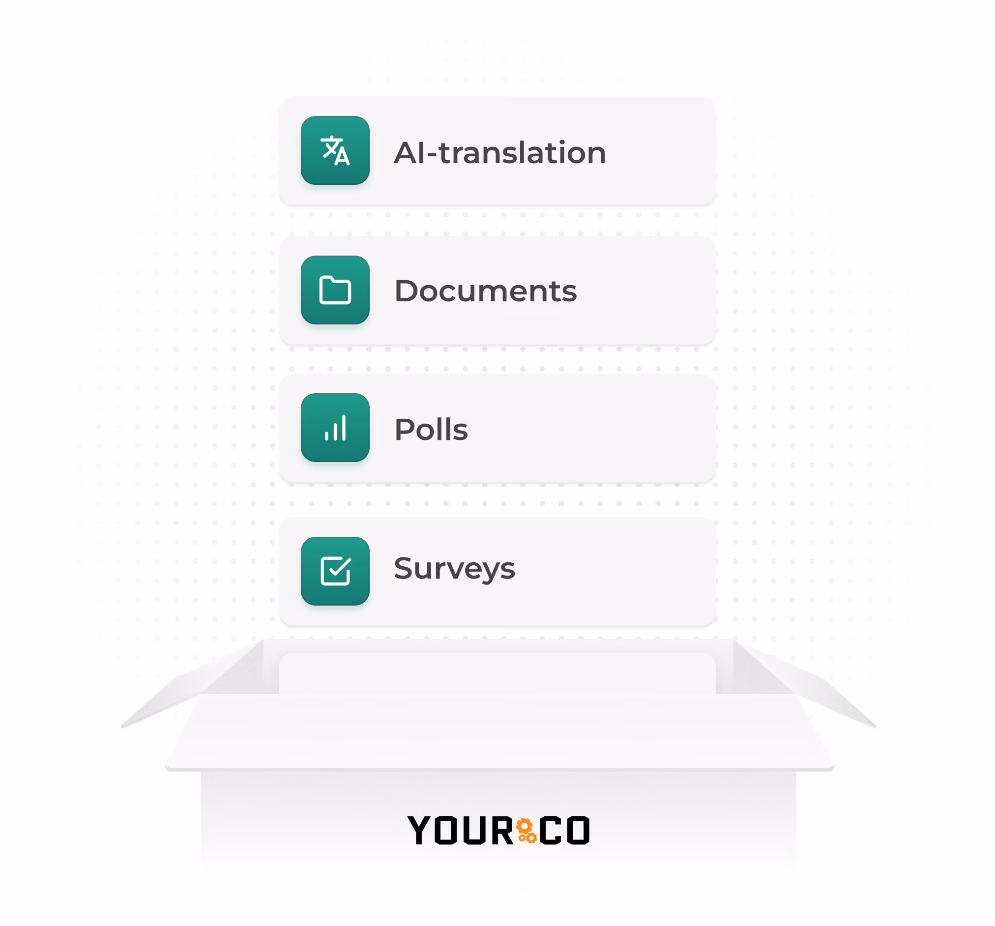 Yourco features: AI translation, documents, polls, and surveys.