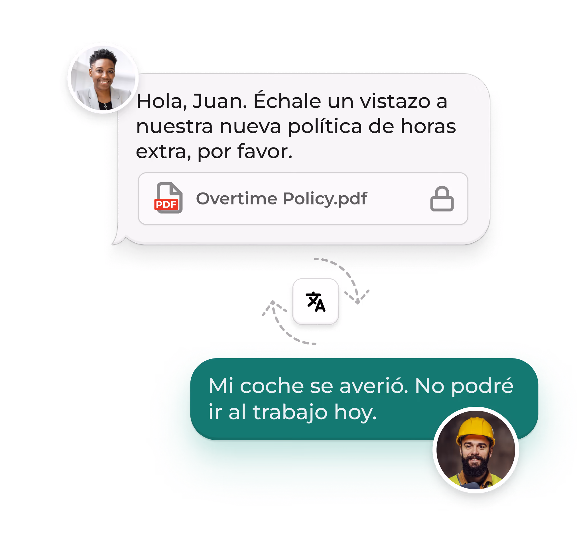 Yourco conversation showing a shared policy document and a Spanish-language reply.