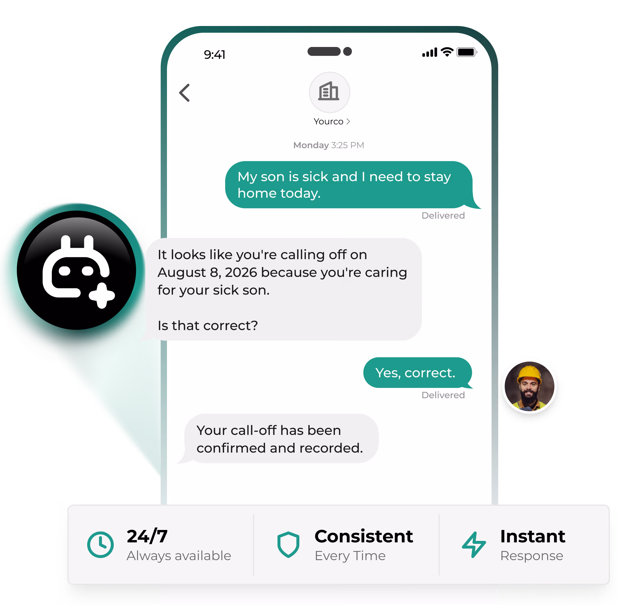 Example text conversation confirming an employee’s call-off because their child is sick.