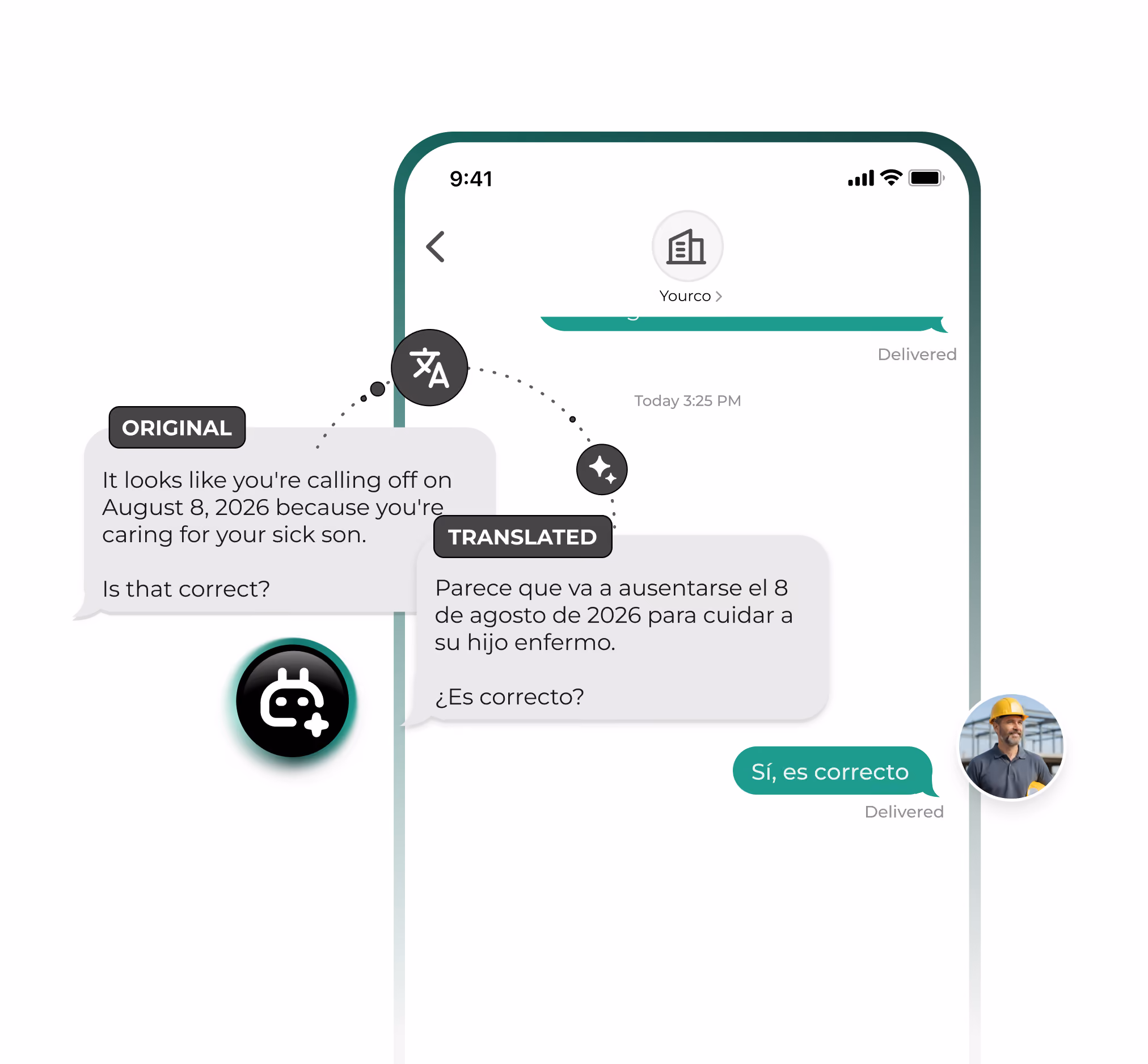 The same call-off confirmation in English and Spanish, with the employee replying in Spanish.