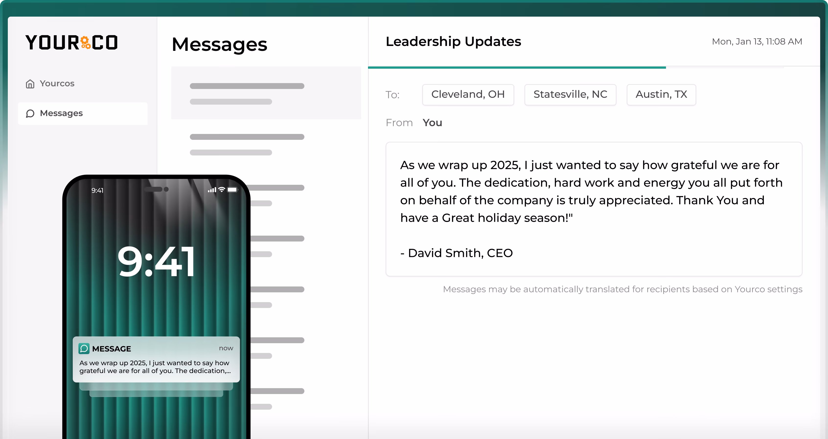 A leadership update sent to three locations in Yourco, with the same message appearing as a phone notification.