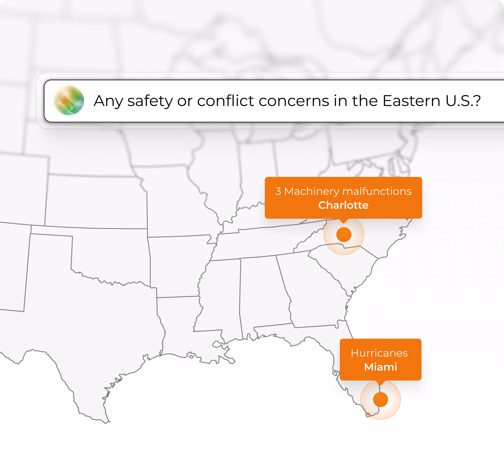 Example safety-concern map highlighting three machinery malfunctions in Charlotte and hurricanes in Miami.