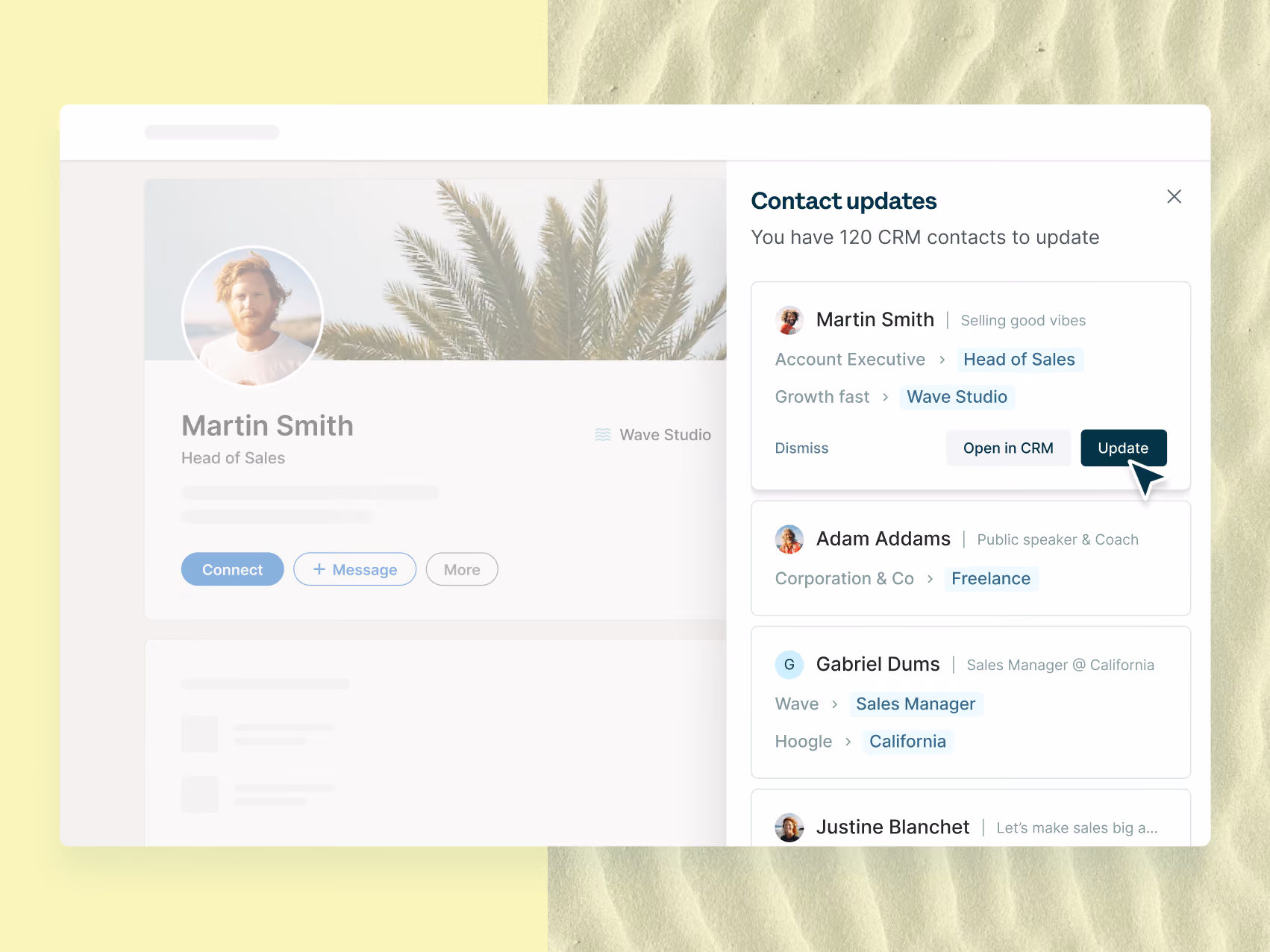“Update CRM” feature on the client’s social profile