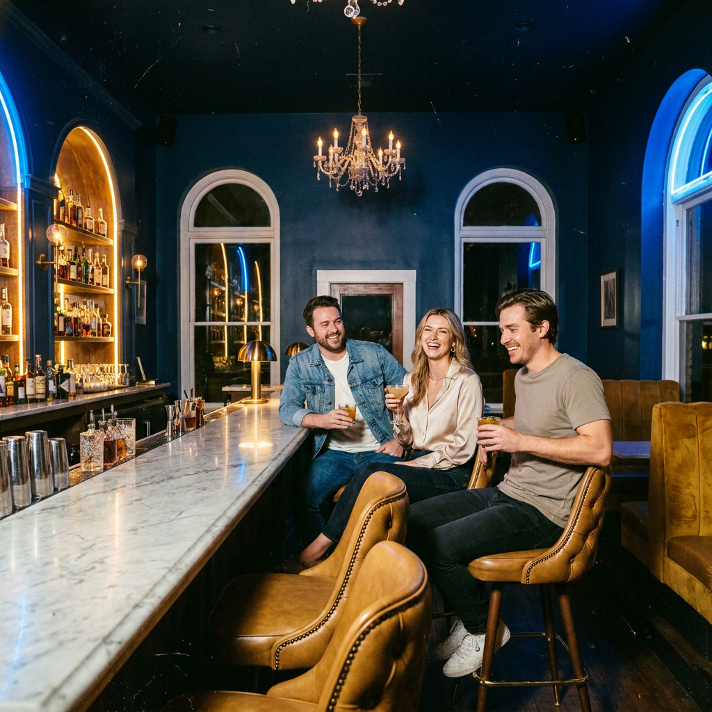Pool tables and the cocktail bar in The Lounge at Encore Waco