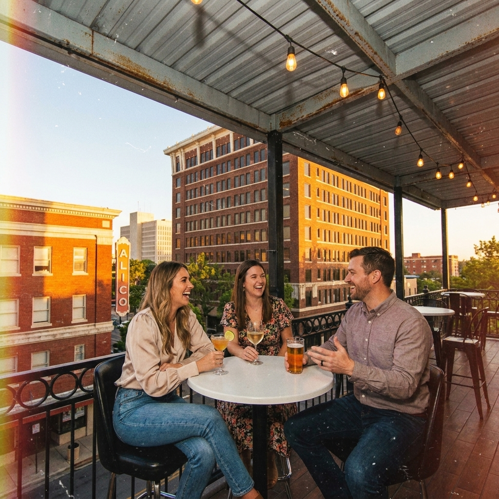 Friends toasting at golden hour on The Rooftop at Encore Waco