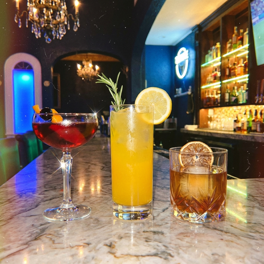 Cocktails on the rail of a pool table in The Lounge at Encore Waco