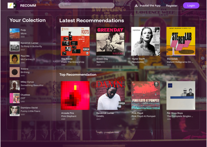 Music app screen showing user collection and latest recommendations with album covers and artist names.
