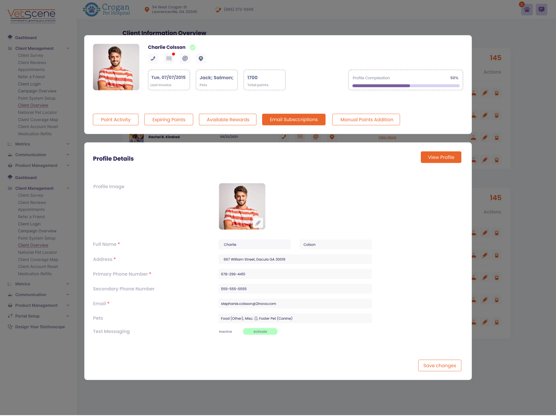 Profile overview and details of Charlie Colsson in veterinary client portal with contact and pet info.