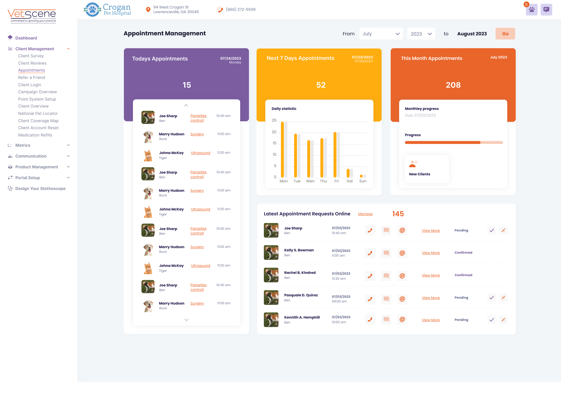 VetScene portal showing appointment stats, upcoming schedules, client requests, and navigation menu.