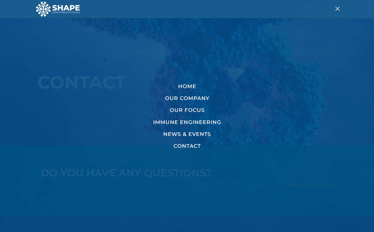 Shape Biopharmaceuticals menu with options: Home, Our Company, Our Focus, Immune Engineering, News & Events, Contact.