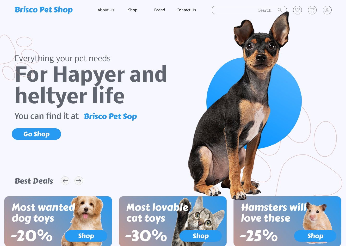 Brisco Pet Shop homepage with dog photo, search bar, and pet toy deals for dogs, cats, and hamsters.