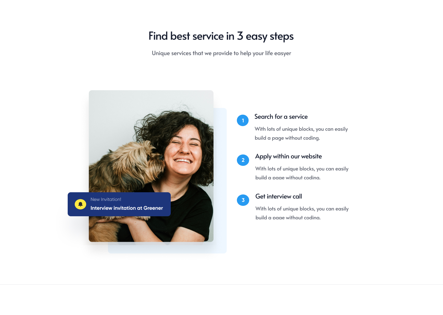 Woman smiling as a dog licks her face with steps to find service: search, apply, and get interview call.