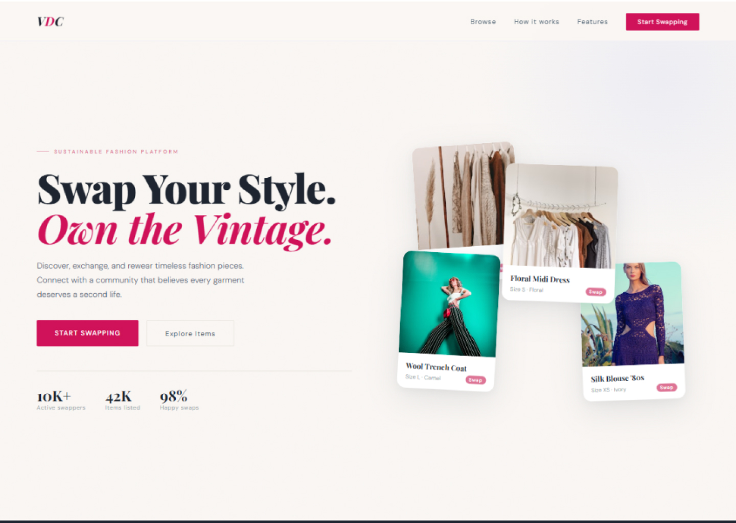 Sustainable fashion platform homepage with vintage clothing items and swap options on cards.