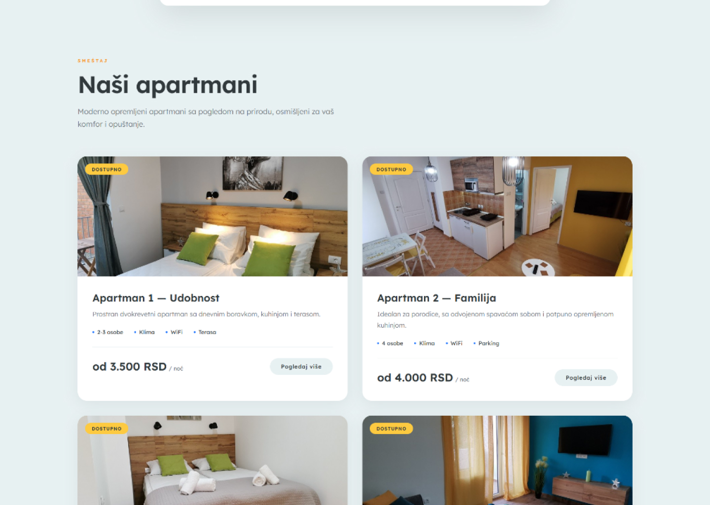 Web page listing modern apartments with images, details, and prices in Serbian dinars.