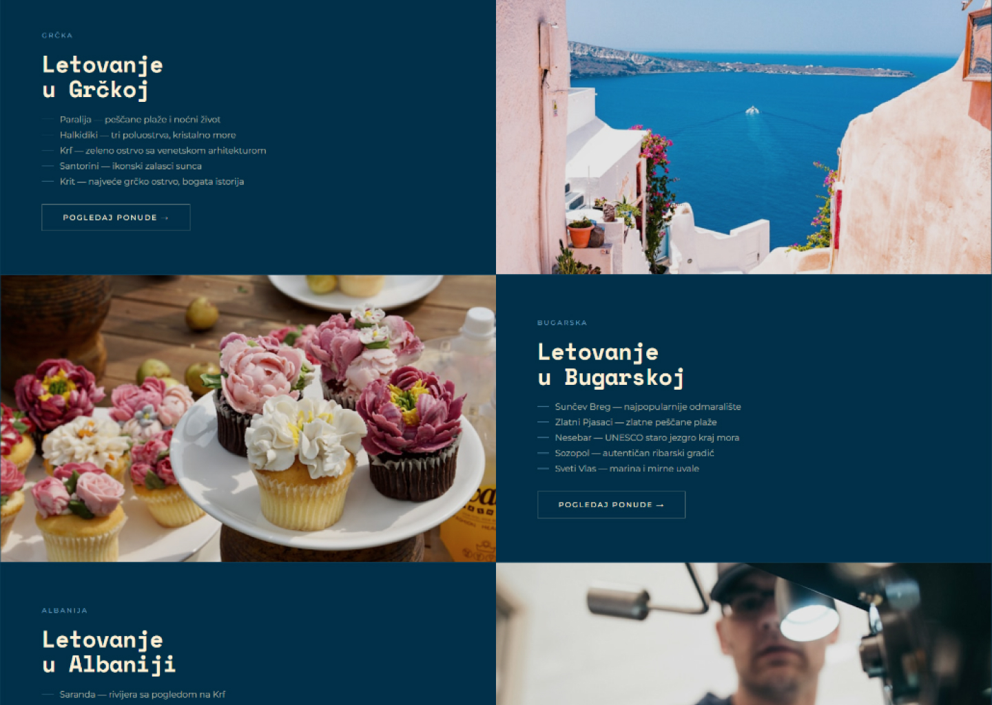 Collage with text about vacations in Greece, Bulgaria, Albania, and images of seaside and decorated cupcakes.