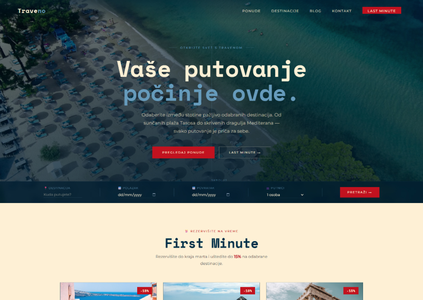 Aerial beach view with umbrellas and sunbeds, travel booking website homepage in Serbian language.