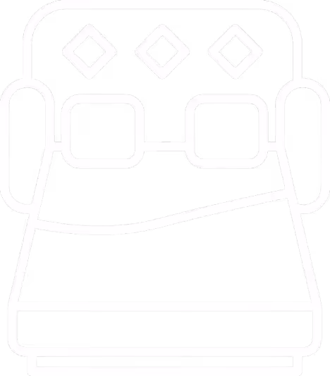 White line icon of a sofa bed with cushions on a black background.