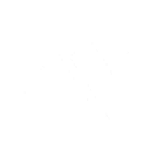 White icon of two triangular mountains with a circular sun on a black background.