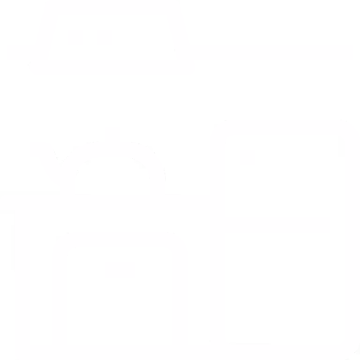 White icon of kitchen appliances including stove, pot, oven, and refrigerator on black background.