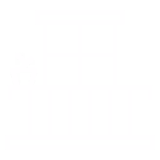 White icon of a balcony with a window and a potted plant on the railing.